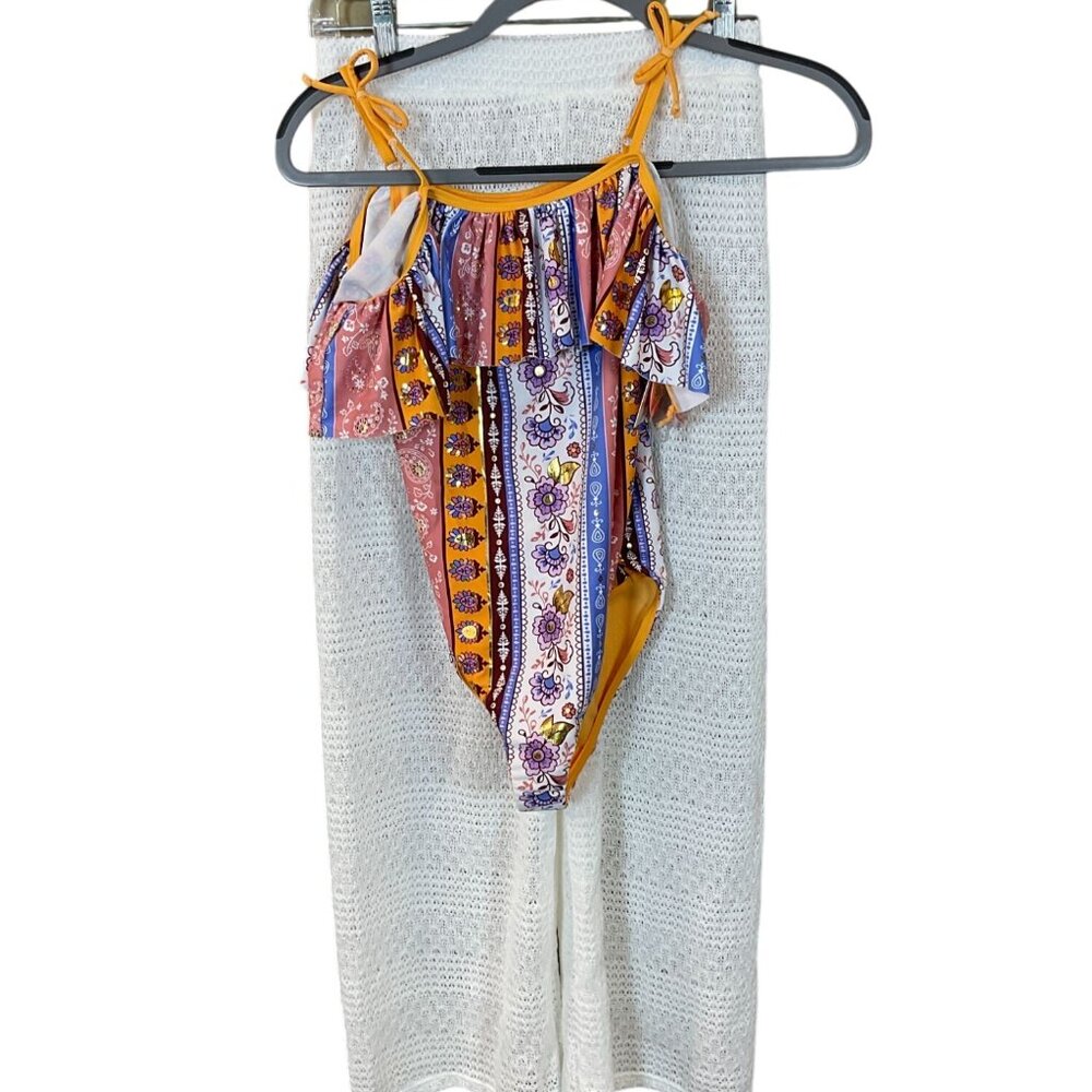 Catherine Malandrino 1-pc Adjust Strap Ruffle Neck Swimsuit Crochet Pants 12 NWT